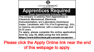 Lotte Chemical Pakistan Apprenticeships 2025 July Apply Online Apprentices Jobs Latest