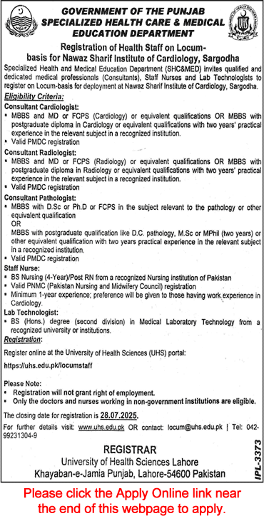 Nawaz Sharif Institute of Cardiology Sargodha Jobs July 2025 Apply Online Nurses & Others Latest
