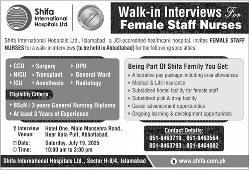 Staff Nurse Jobs in Shifa International Hospital Islamabad 2025 July Walk in Interview Latest
