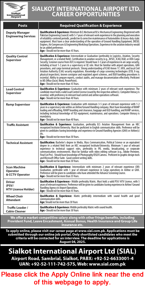 Sialkot International Airport Jobs 2025 July Apply Online Traffic / Technical Assistants & Others SIAL Latest