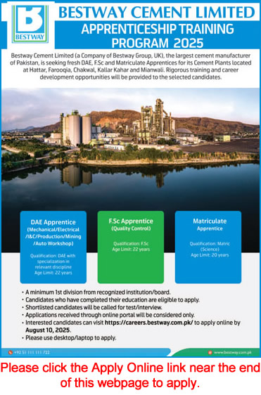 Bestway Cement Apprenticeships 2025 July / August Apply Online DAE, F.Sc. & Matriculate Apprentices Latest
