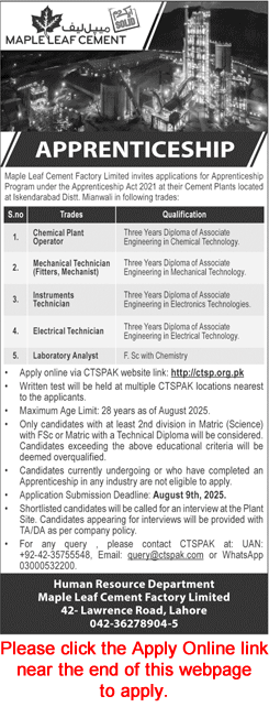 Maple Leaf Cement Factory Mianwali Apprenticeships July 2025 August Apply Online Apprentices Jobs Latest