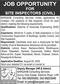 Site Inspector Jobs in Barqaab Consulting Services Pakistan 2025 July / August Latest