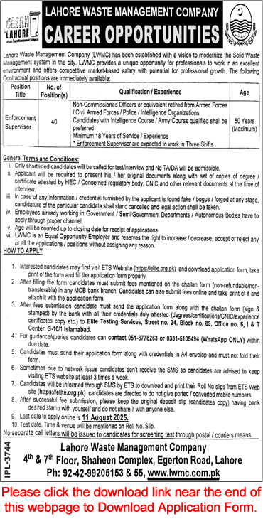 Enforcement Supervisor Jobs in Lahore Waste Management Company July 2025 August Application Form LWMC Latest