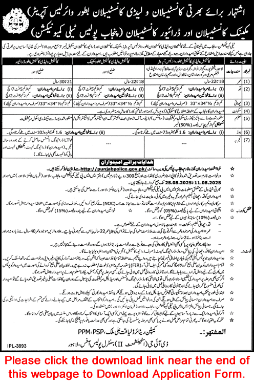 Punjab Police Jobs August 2025 Application Form Constable Wireless Operators, Mechanic & Drivers Latest