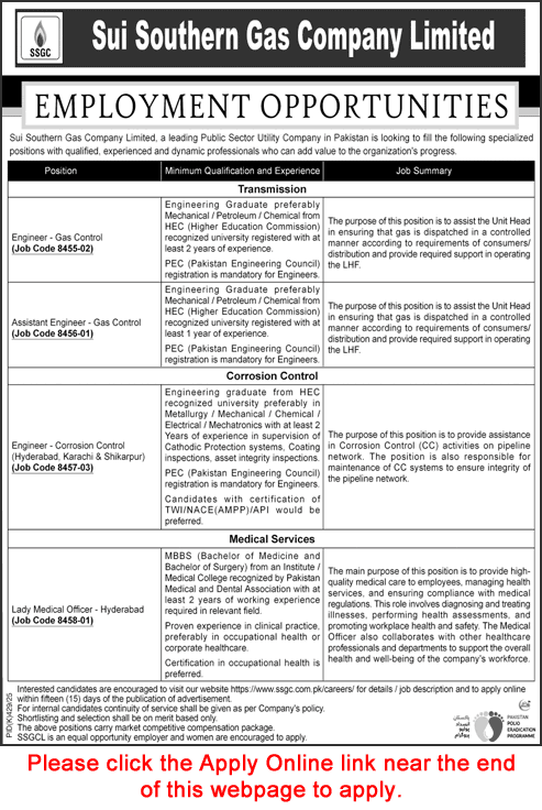 SSGC Jobs August 2025 Apply Online Assistant Engineer & Others Sui Southern Gas Company Limited Latest