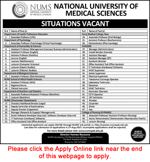 NUMS University Rawalpindi Jobs August 2025 Apply Online Teaching Faculty & Others Latest