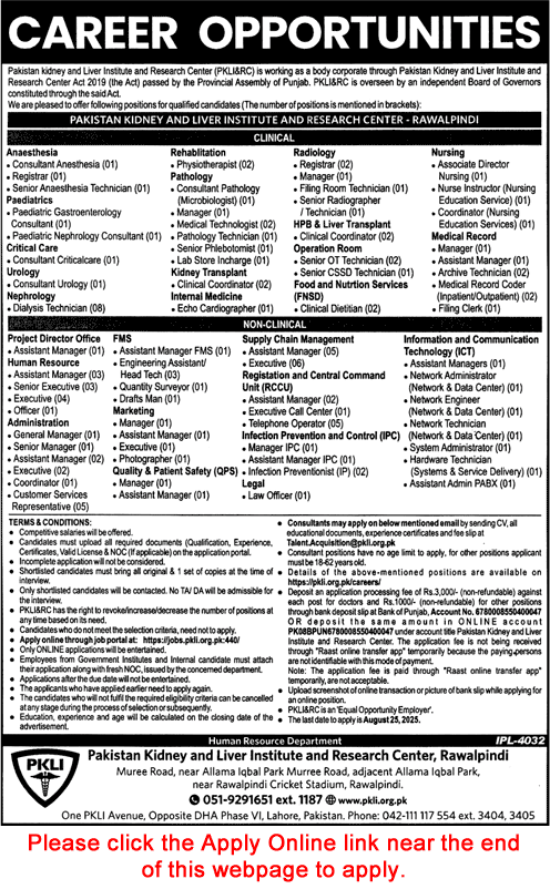 PKLI Rawalpindi Jobs August 2025 Apply Online Pakistan Kidney and Liver Institute and Research Center Latest
