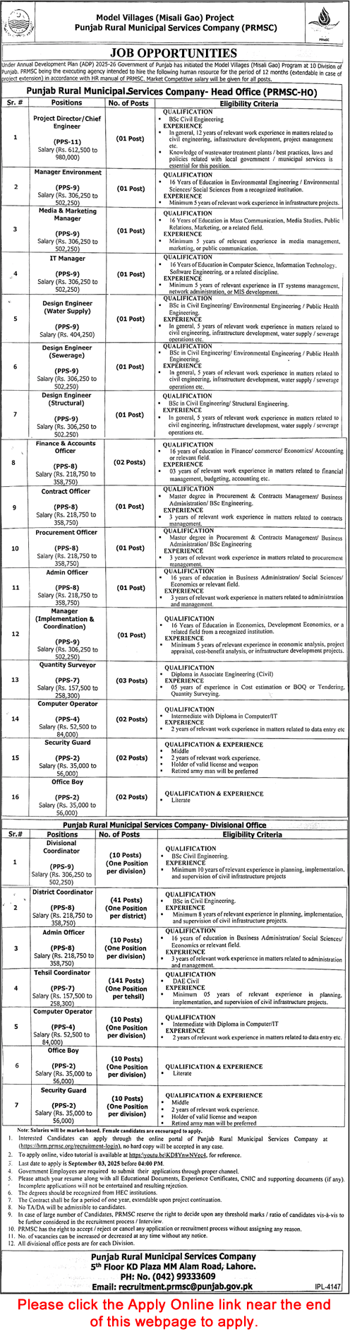 Punjab Rural Municipal Services Company (PRMSC) Jobs August 2025 Model Villages Project Online Apply Latest