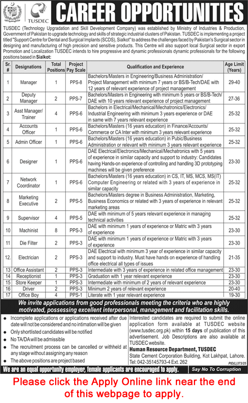 TUSDEC Jobs August 2025 SCDS Sialkot Ministry of Industries & Production Online Apply Latest