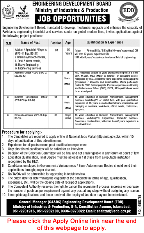 Engineering Development Board Islamabad Jobs August 2025 Apply Online Research Assistants & Others EDB Latest