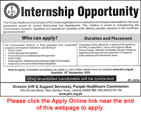 Punjab Healthcare Commission Internships 2025 August Apply Online PHC Jobs Latest