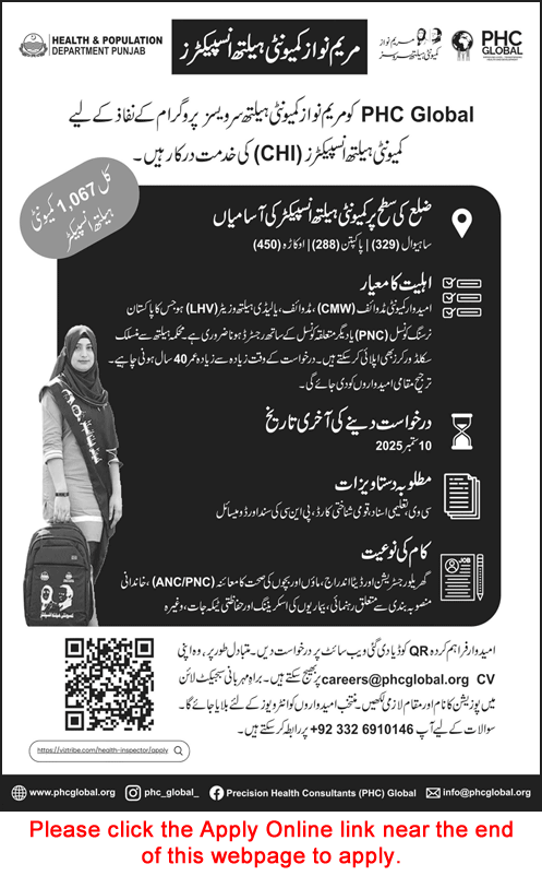 Community Health Inspector Jobs in Punjab 2025 August / September Apply Online PHC Global Health & Population Department Latest