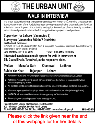 Surveyor / Supervisor Jobs in The Urban Unit September 2025 Walk in Interviews TUU Latest
