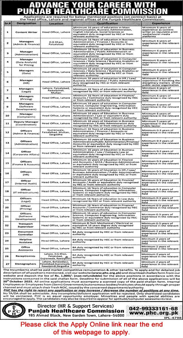 Punjab Healthcare Commission Jobs September 2025 October Apply Online Stenographers, Receptionists & Others PHC Latest