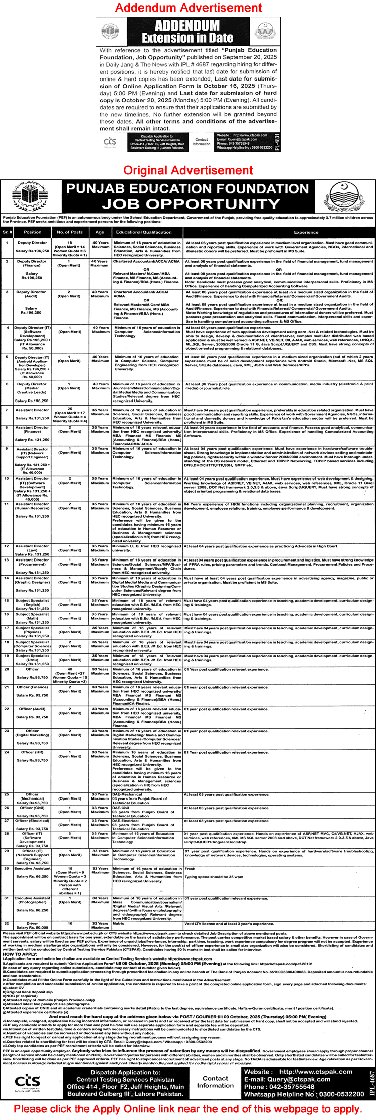Punjab Education Foundation Jobs September 2025 October CTS Apply Online Addendum Extension in Last Date Latest