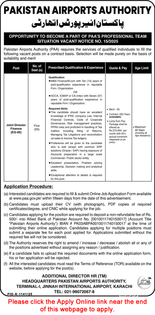 Joint Director Finance Jobs in Pakistan Airport Authority October 2025 PAA Apply Online Latest