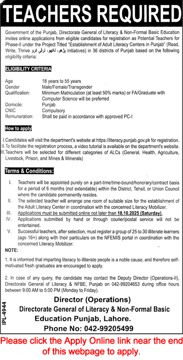 Teaching Jobs in Literacy and Non Formal Basic Education Department Punjab October 2025 Apply Online Latest