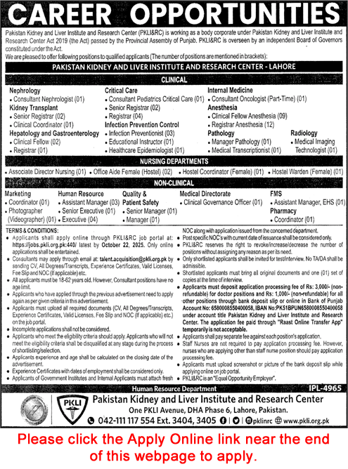 PKLI Lahore Jobs October 2025 Apply Online Pakistan Kidney and Liver Institute and Research Center Latest
