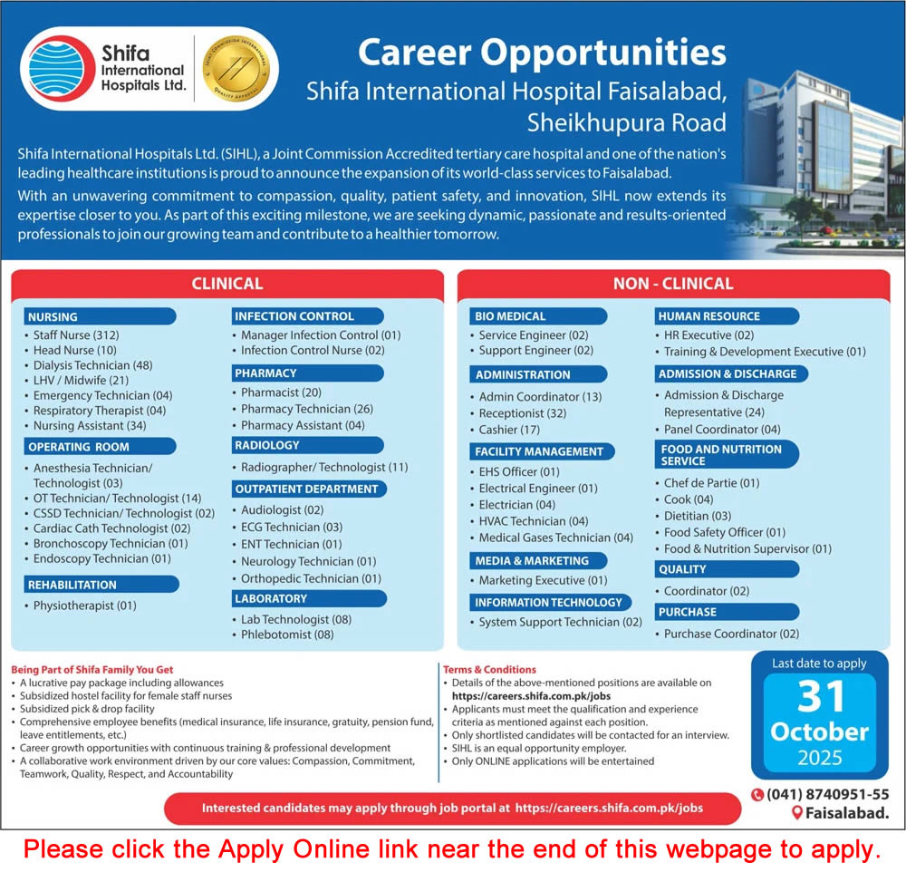Shifa International Hospital Faisalabad Jobs October 2025 Apply Online Nurses, Medical Technicians & Others SIHL Latest