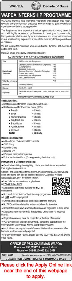 WAPDA Internship Program October 2025 Apply Online Water and Power Development Authority Jobs Latest