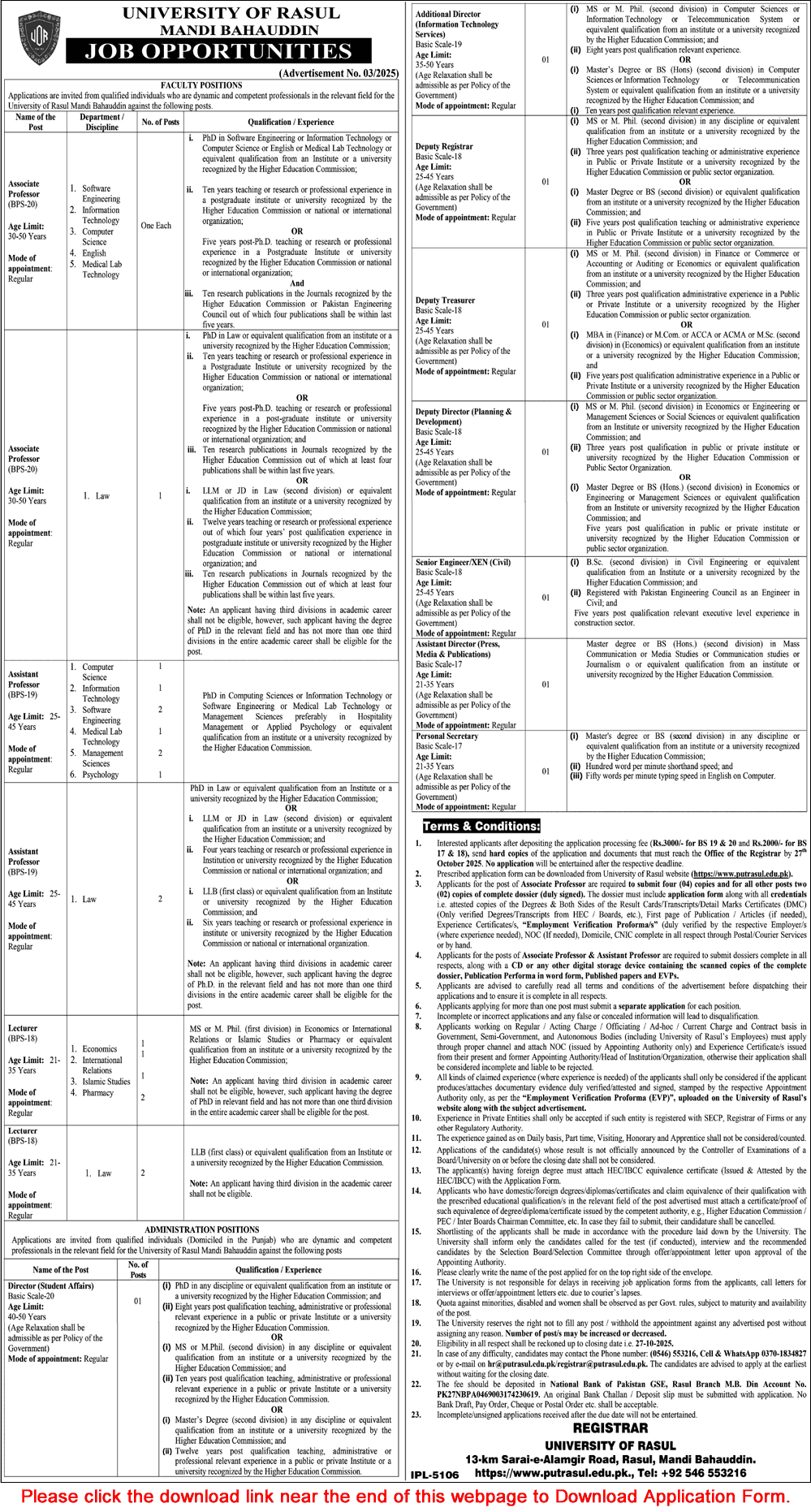University of Rasul Mandi Bahauddin Jobs October 2025 Application Form Teaching Faculty & Others Latest