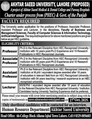 Akhtar Saeed University Lahore Jobs 2025 October Teaching Faculty Latest