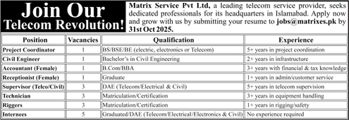 Matrix Service Pvt Ltd Islamabad Jobs 2025 October Internees, Technicians, Supervisors & Others Latest