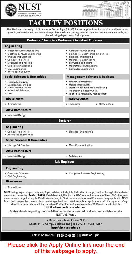 NUST University Islamabad Jobs October 2025 Apply Online Teaching Faculty & Lab Engineers Latest