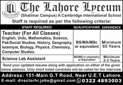 Lahore Lyceum School Shalimar Campus Jobs 2025 October Teachers & Science Lab Assistant Latest