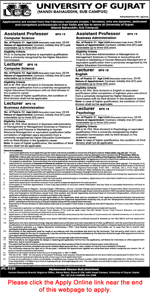 University of Gujrat Mandi Bahauddin Jobs October 2025 Apply Online Teaching Faculty UOG Latest