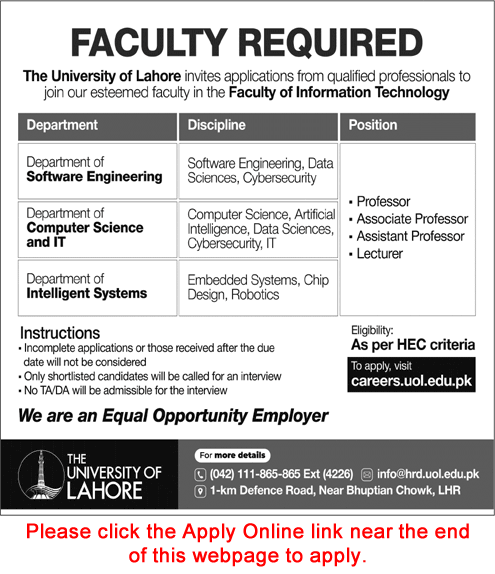 University of Lahore Jobs October 2025 Apply Online Teaching Faculty UOL Latest