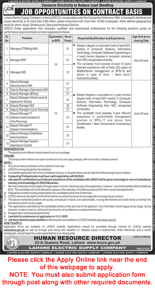LESCO Jobs October 2025 November Apply Online Deputy / Managers WAPDA Latest