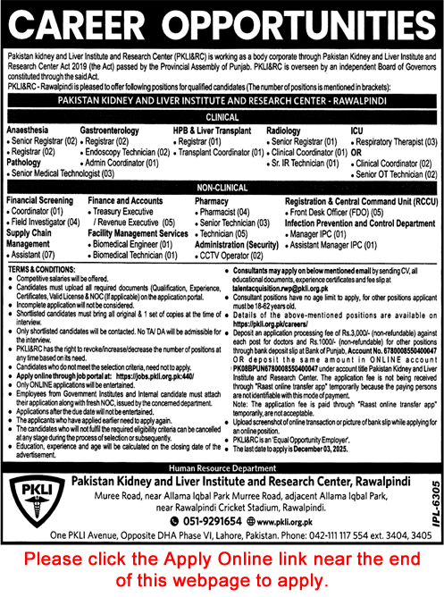 PKLI Rawalpindi Jobs November 2025 Apply Online Pakistan Kidney and Liver Institute and Research Center Latest