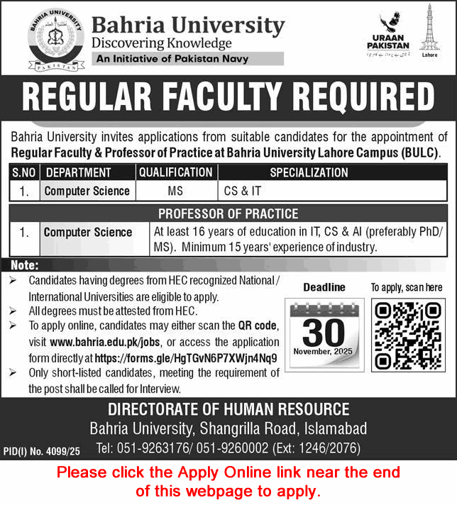 Bahria University Lahore Jobs November 2025 Apply Online Teaching Faculty BULC Latest