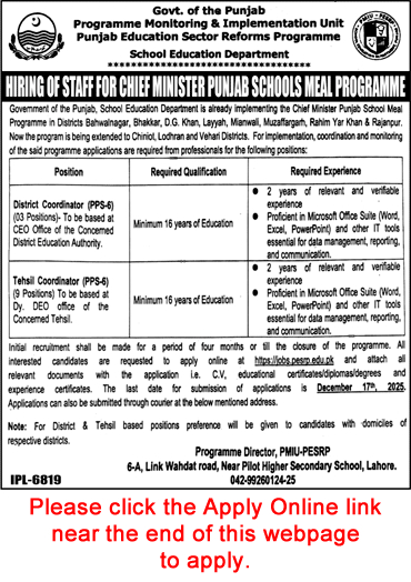 Punjab Education Sector Reforms Program Jobs November 2025 December Apply Online District / Tehsil Coordinators PESRP Latest