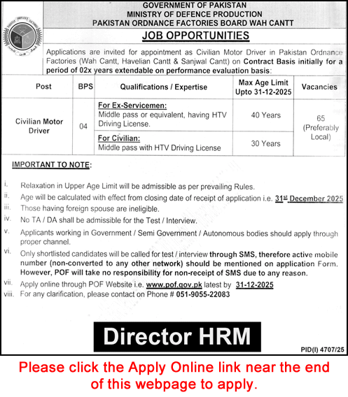 Civilian Motor Driver Jobs in Pakistan Ordnance Factories December 2025 Apply Online POF Latest