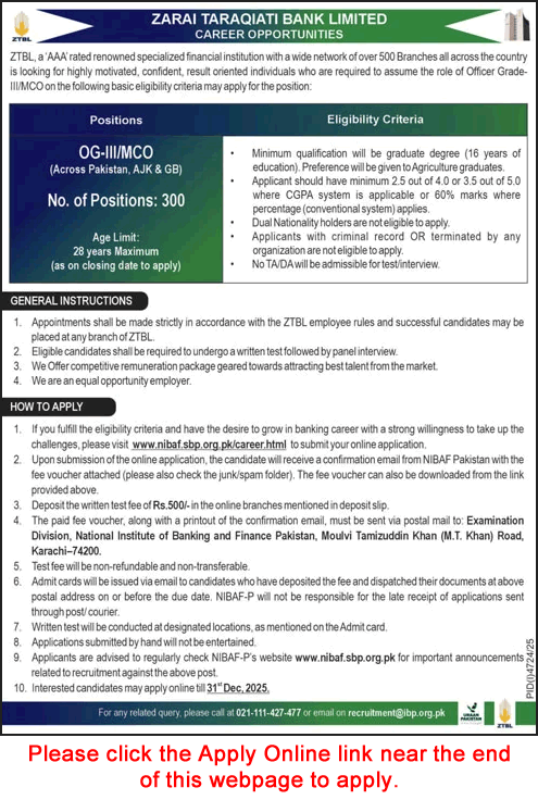 ZTBL Mobile Credit Officer Jobs December 2025 OTS Apply Online OG-III / MCO Latest