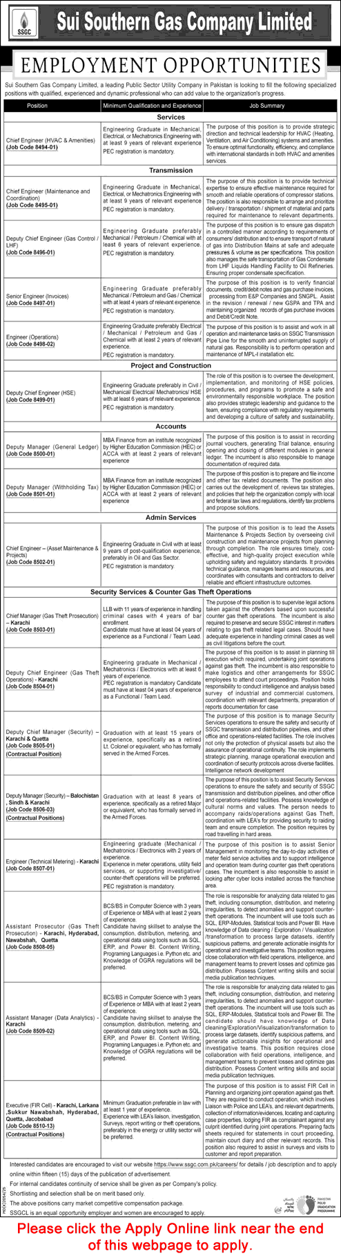 SSGC Jobs December 2025 Apply Online Sui Southern Gas Company Limited Latest
