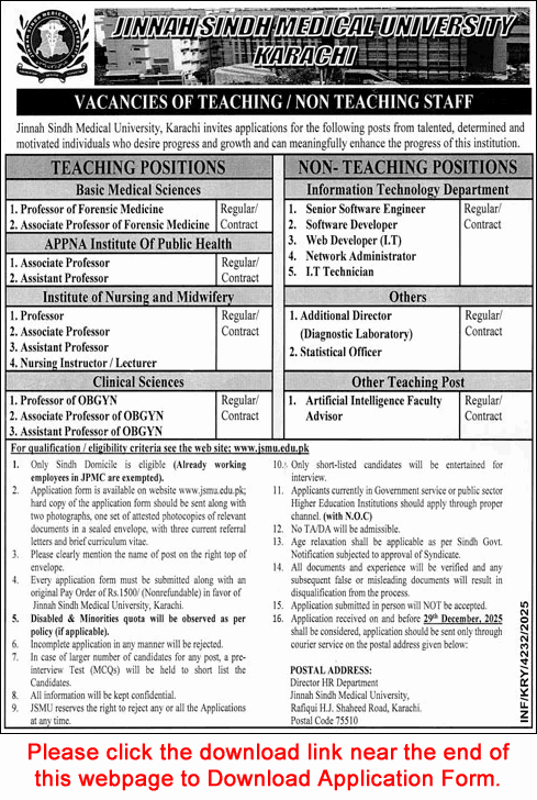 Jinnah Sindh Medical University Karachi Jobs December 2025 Application Form Teaching Faculty & Others Latest