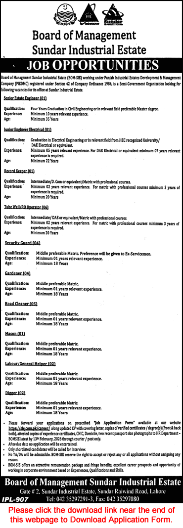 Board of Management Sundar Industrial Estate Lahore Jobs 2026 Application Form BOM-SIE Latest