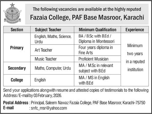 Teaching Jobs in Fazaia College Karachi 2026 PAF Base Masroor Latest