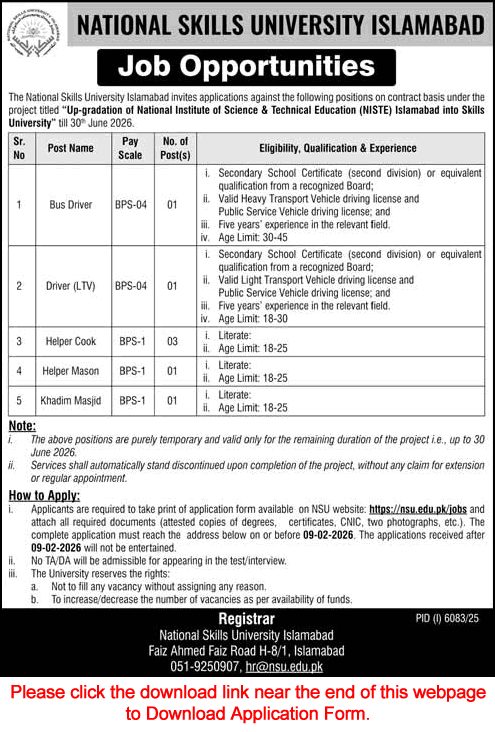National Skills University Islamabad Jobs 2026 Application Form Cooks, Drivers & Others NSU Latest