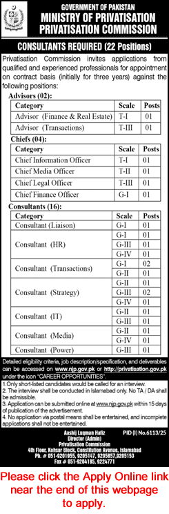 Privatisation Commission Islamabad Jobs 2026 Apply Online Consultants, Advisors & Chiefs Latest