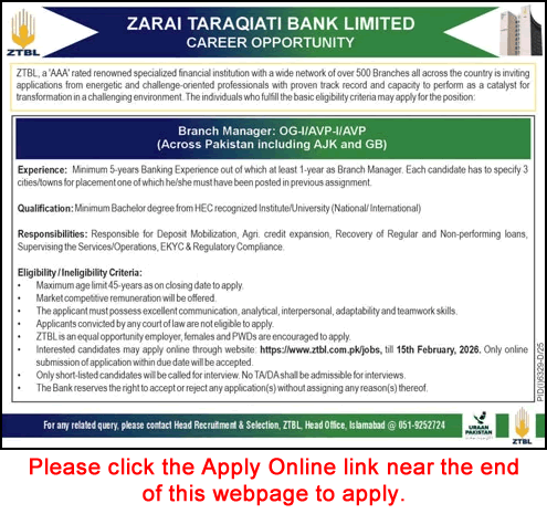 Branch Manager Jobs in ZTBL 2026 February Apply Online Zarai Taraqiati Bank Limited Latest