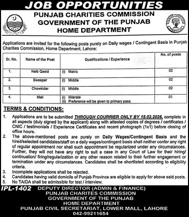 Punjab Charities Commission Lahore Jobs 2026 February Naib Qasid, Sweeper, Chowkidar & Mali Latest