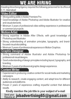 Advertising Agency Jobs in Islamabad February 2026 Graphic Designer, Content Writer, Video Editor & Motion Artist Latest