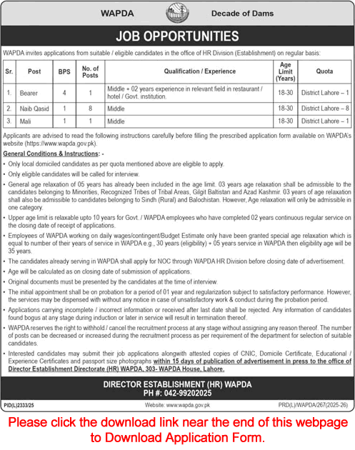 WAPDA Jobs 2026 February Application Form Naib Qasid, Bearer & Mali Latest