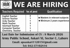 Teaching Jobs in Army Public School Askari 11 Lahore 2026 February APS Latest