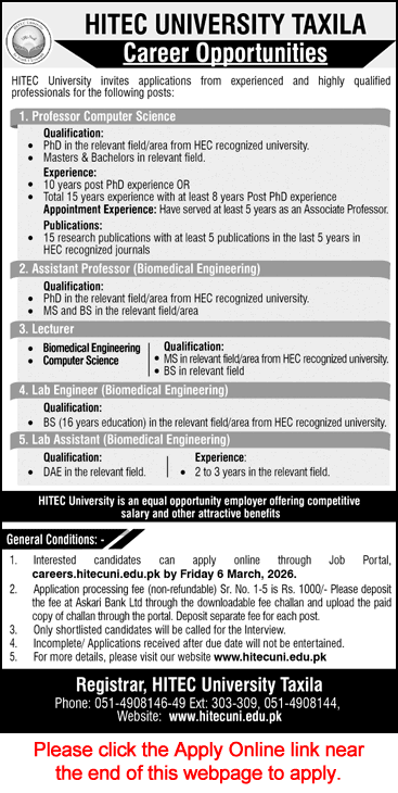HITEC University Taxila Jobs February 2026 Apply Online Teaching Faculty & Lab Engineer / Assistant Latest
